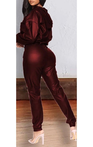 Long Sleeve PU Leather Hoodies & Drawstring Pants Set (3 Colors)
