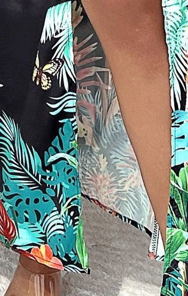 Tropical Print Criss Cross Backless Split Thigh Cami Dress