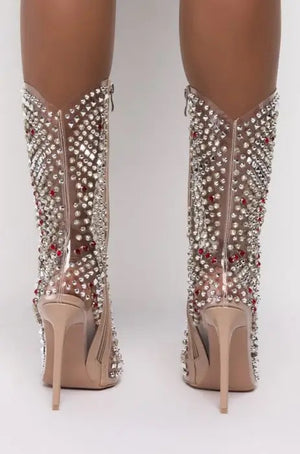 Leather PVC Pointed Toe Crystal High Heel Transparent Boots