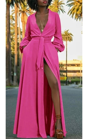 Slit lLong Sleeve Maxi Dress (Many Colors) (Plus Size Available)