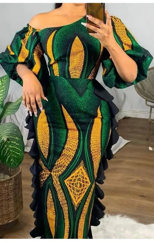 African Print Puff Sleeve Dress (Many Sizes) Plus Size Available