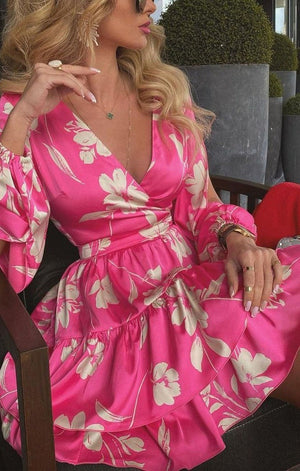 Pink Ruffle Hem Floral Print Dress