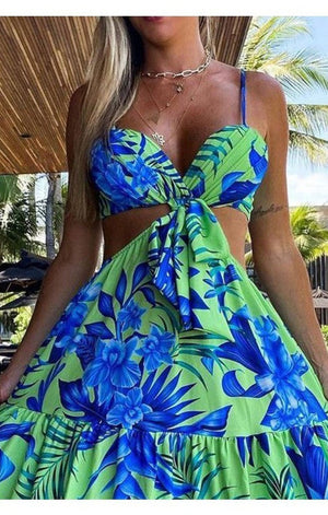 Cutout Tied Detail Tropical Print Cami Maxi Dress