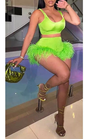 Lime Green Two Piece Feather Short Set (Sold Out)