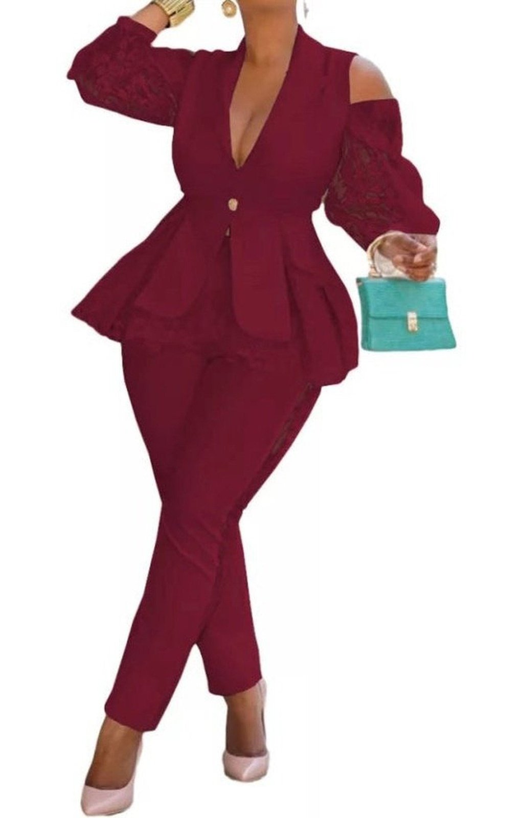 Lace Sleeves Blazer Long Pant Suit Casual Set  (Many Colors)