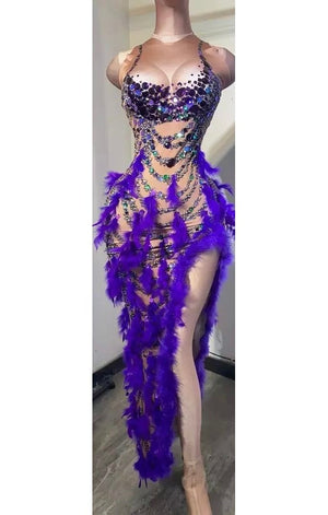 Purple Feather Stones  Dress Costume Celebration Party