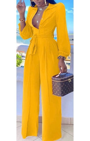Wide Leg collar Long Sleeve Jumpsuit With Belt (Many Colors)