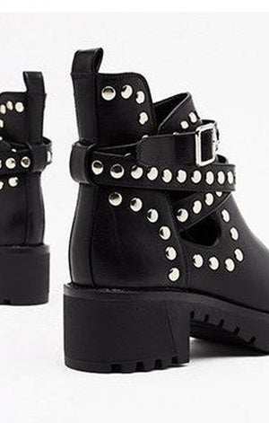 Ankle Wrap Rivet Accent Strap Boot - Deep Tread Rubber Sole / Chunky Heel