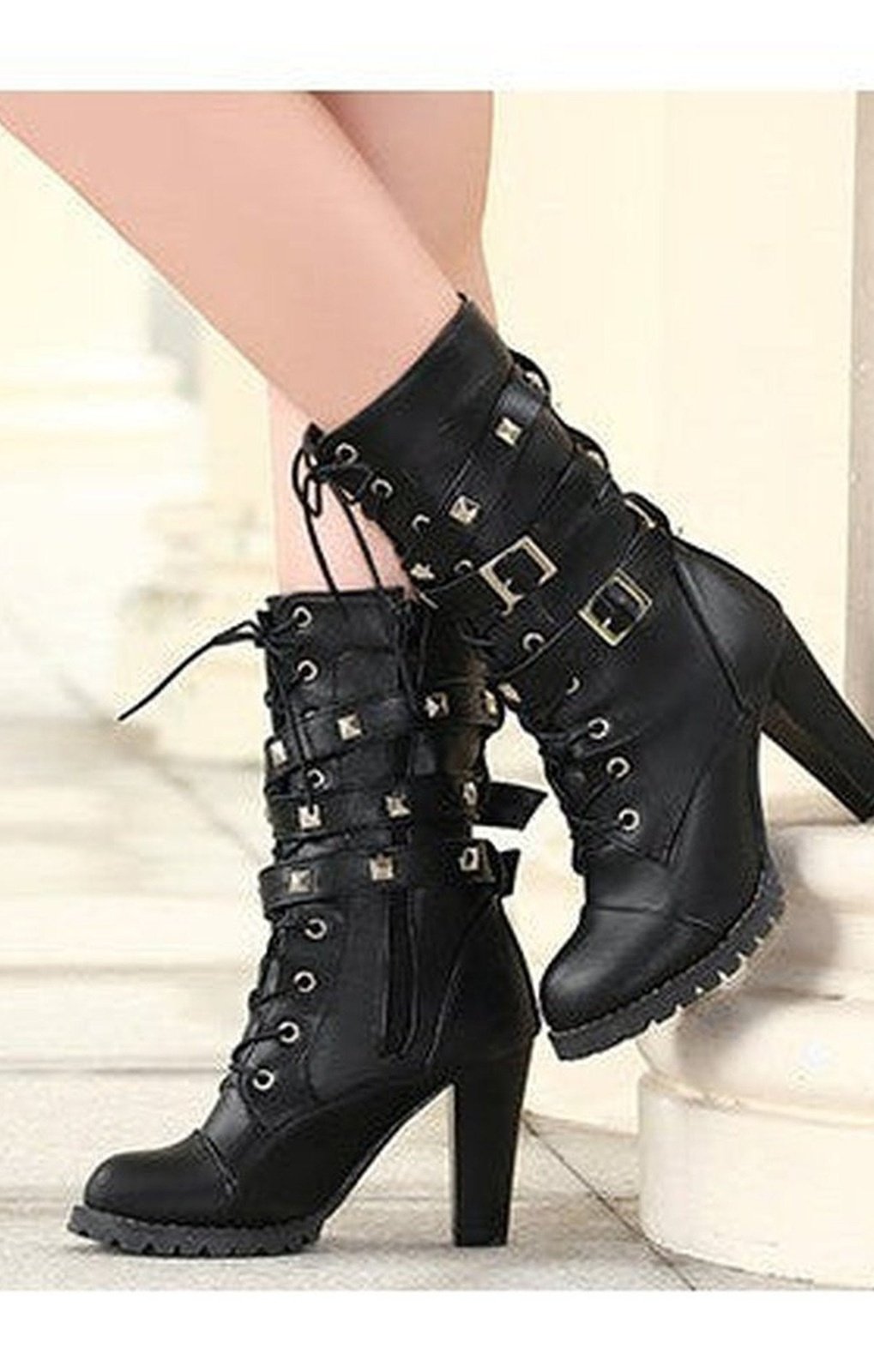 Strapped Lace Up Chunky Boots