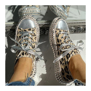 Women's leopard Bling Round-Toed Sneakers - Metallic Rubber Toes / Laces leopard