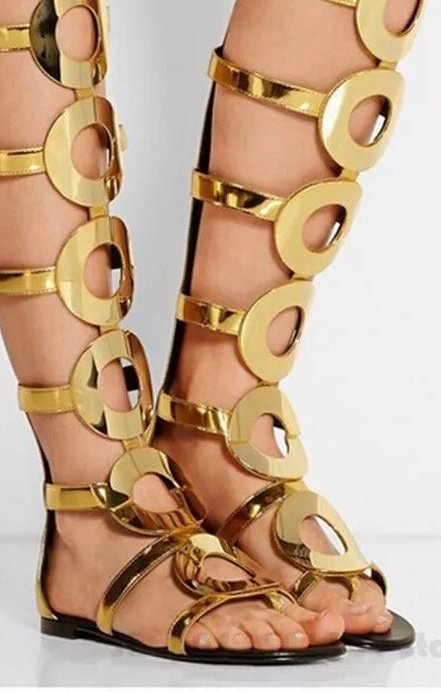 Knee High Boots Gladiator Sandals Back Zipper Gold Circle