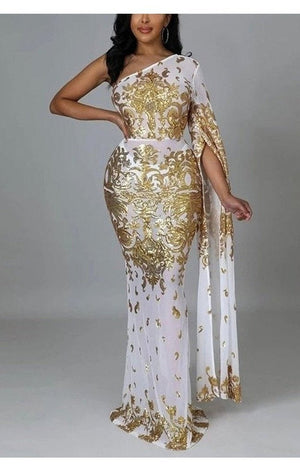 One Shoulder White Gold Dress