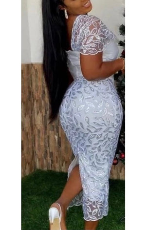 White Short Sleeve Lace Beautiful Plus Size Knee Length Ruffle Dress