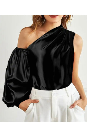 Satin One sleeve one shoulder stretch casual tops (3 Colors) (Plus Size Available)
