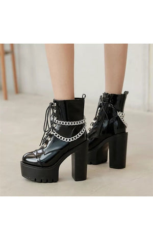 Patent Ankle Black Chain Boots Shoes