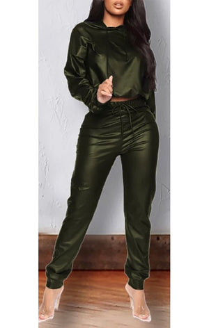 Long Sleeve PU Leather Hoodies & Drawstring Pants Set (3 Colors)