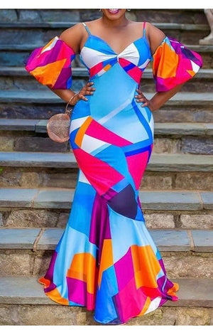 Multicolored off the shoulder Maxi Dress