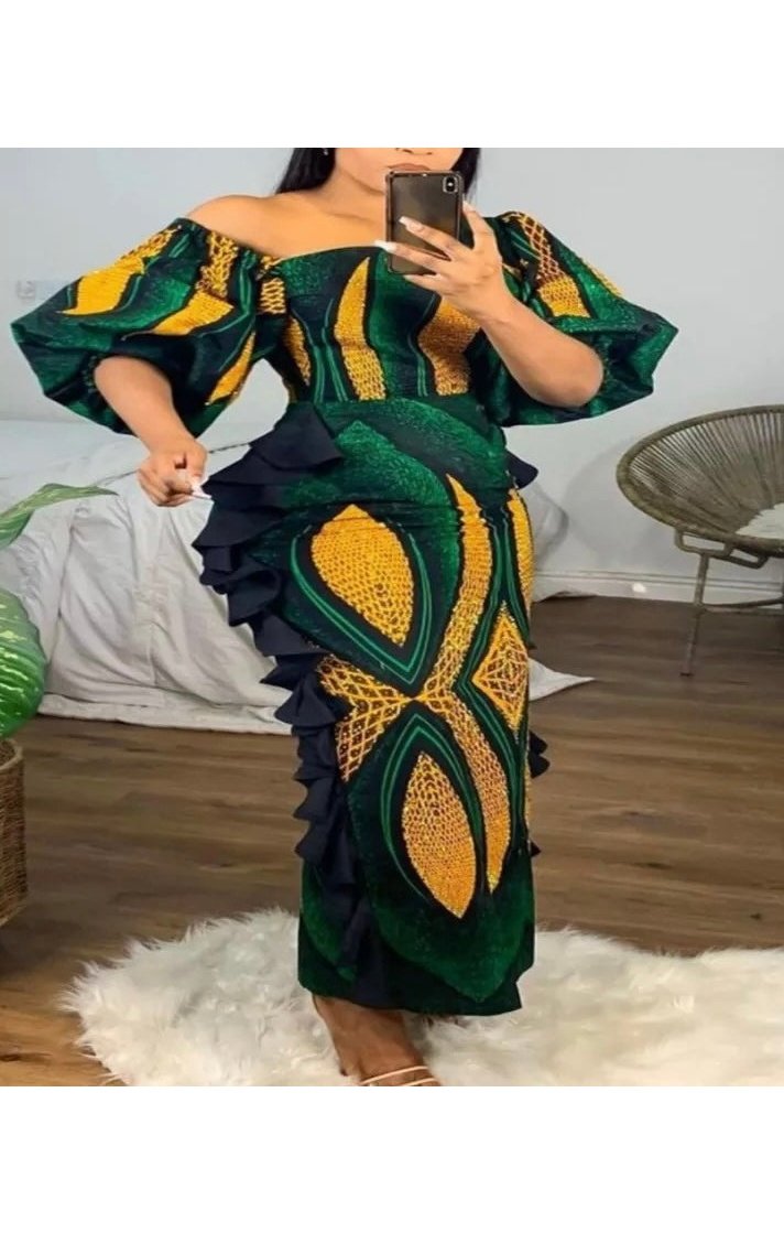 African Print Puff Sleeve Dress (Many Sizes) Plus Size Available