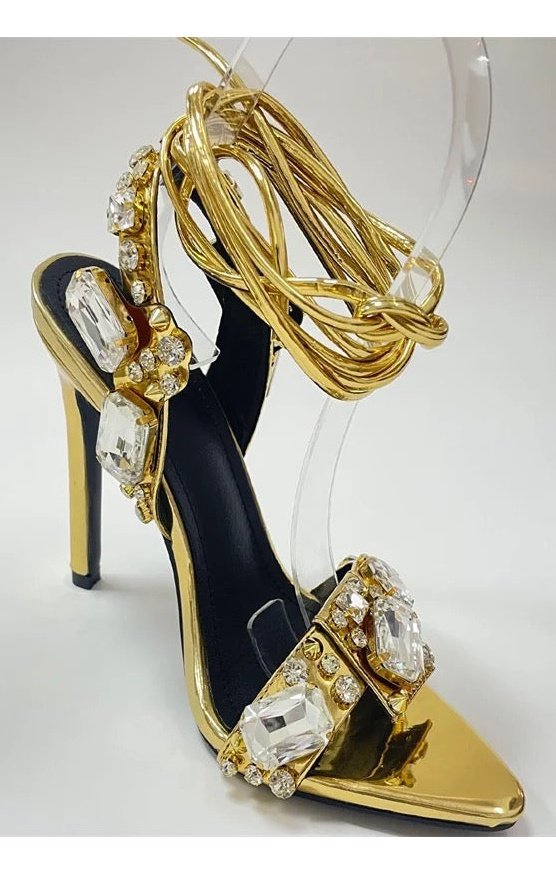 Luxury Crystals Diamonds Ankle Tie Gold Sandals Heels