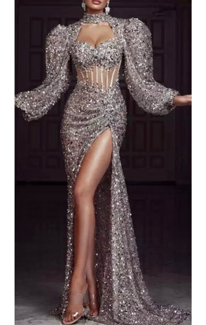 Sequin Puff Sleeve Bling Gown