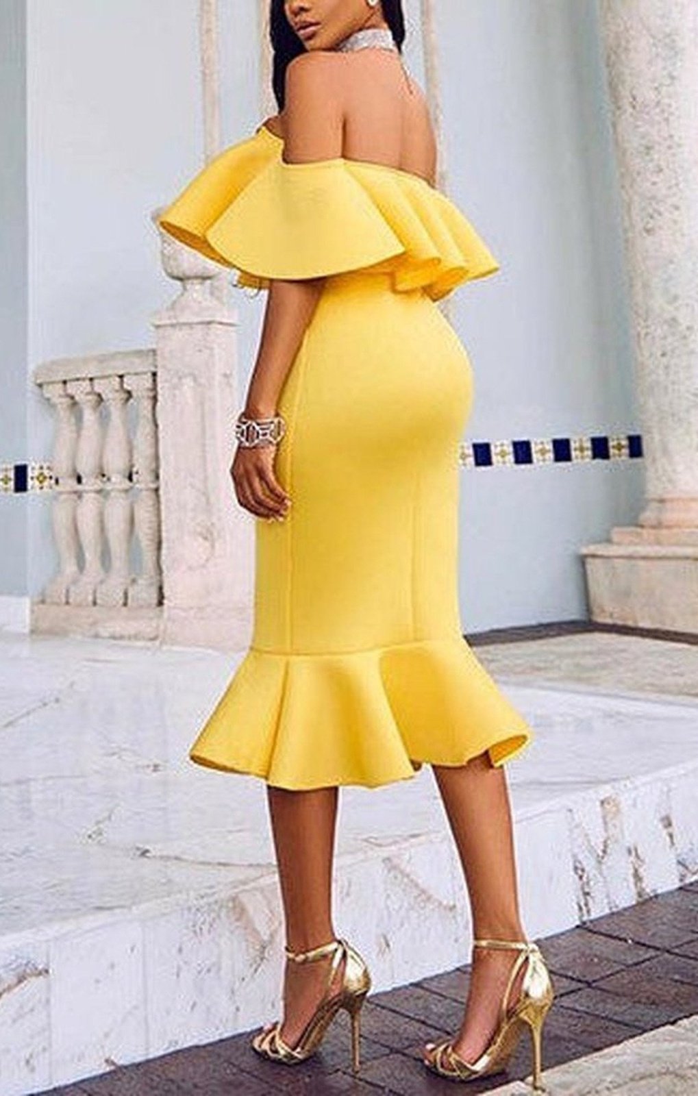 Off the Shoulder Pencil Dress - Ruffle Cuff and Hemline (MANY COLORS)