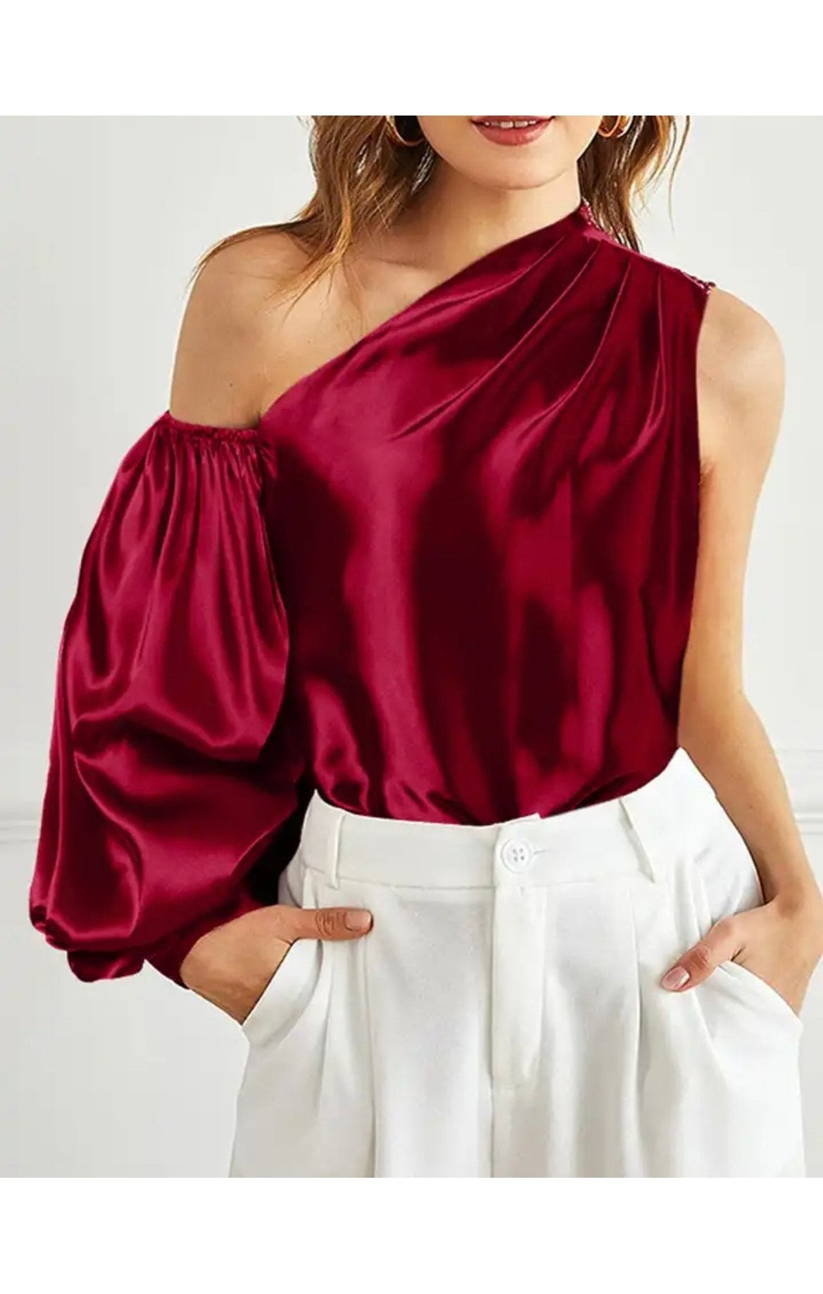 Satin One sleeve one shoulder stretch casual tops (3 Colors) (Plus Size Available)