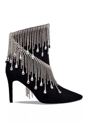 Women's Suede Leather Tassels Rhinestones Crystal Diamond Ankle Boots