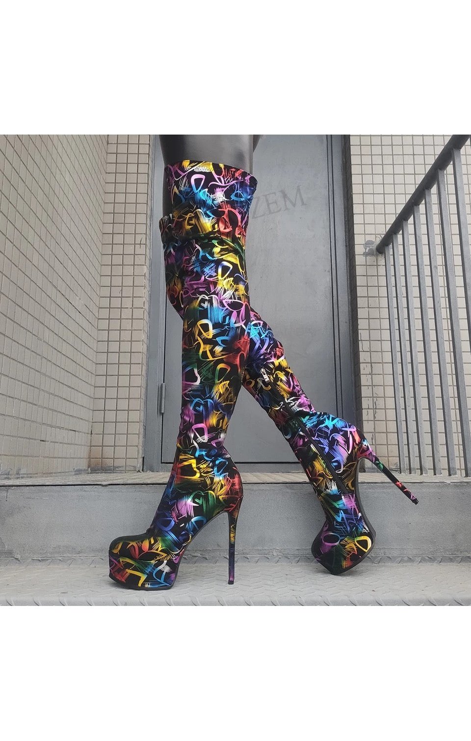 Multicolored Platform High Heel Over Knee High Boots