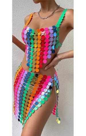 Sexy Two Piece Sequin Multicolored Skirt Set