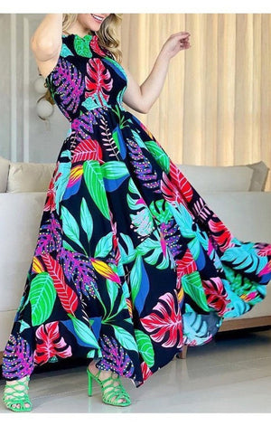Tropical Print O Neck Frill Hem Sleeveless Dress