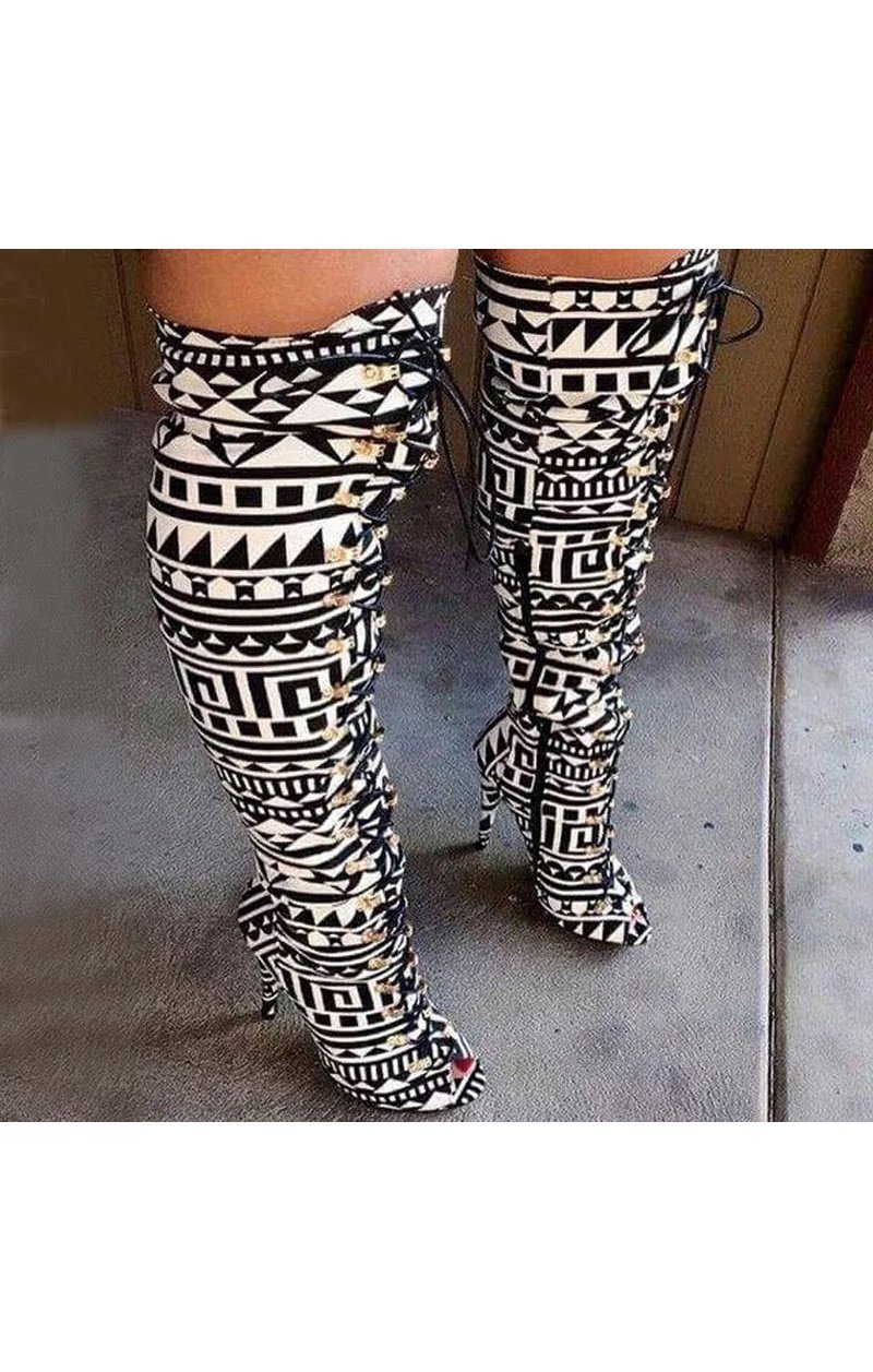 Print Knee High Boots  Lace-up Open Toe  Pointed Toe  (2 Colors)