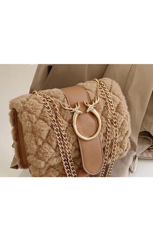 Elegant Soft Plush Fur Designer Style  Shoulder Bags Deer Lock Shape  Chain Handbag.( Many Colors)