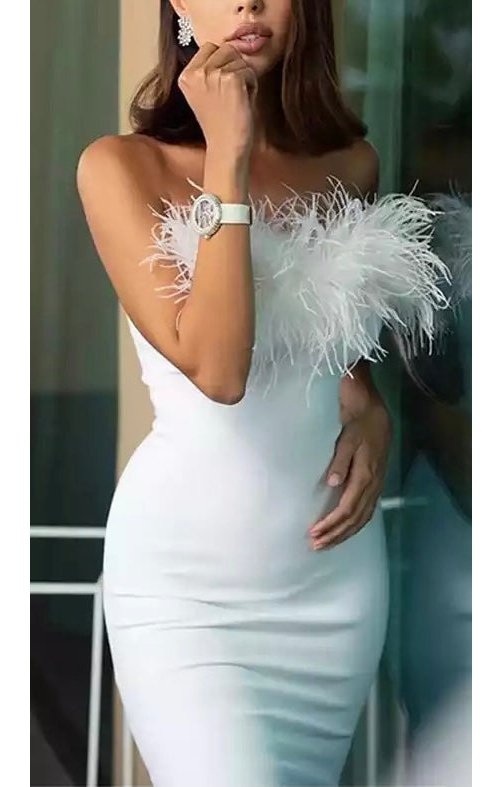Off the shoulder Feather Strapless Dress (2 Colors)
