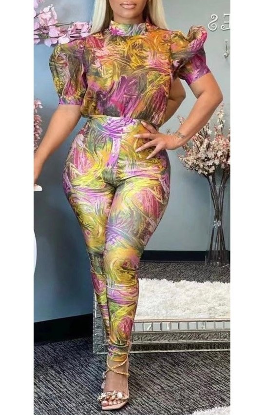 Puff Sleeve Multicolored Jumpsuit (3 Colors)