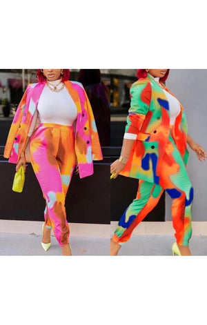 Multicolored Blazer &  Belted Pants Set (2 Colors)