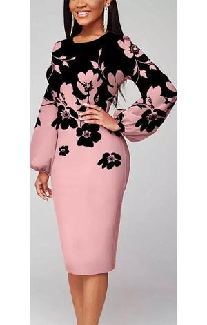 Floral Print Puff  Long Sleeve MIDI Dress (Many Sizes (3  Colors)