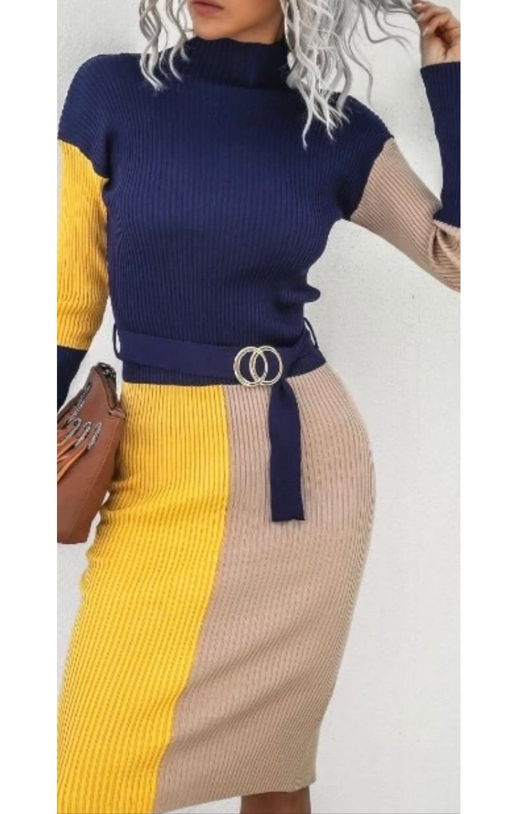 Color Block Sweater dress Long Sleeve Belted