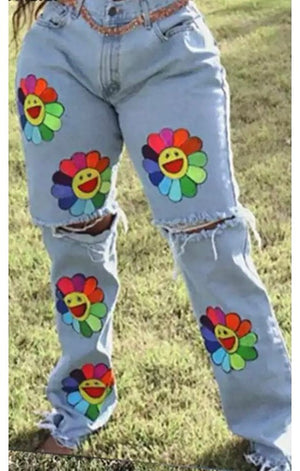 Distressed Denim Jeans Multicolored  Smily face