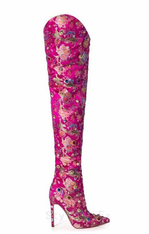 Luxurious Gemstone Decor  Over the Knee pointed Heel Boots ( 2 Colors)