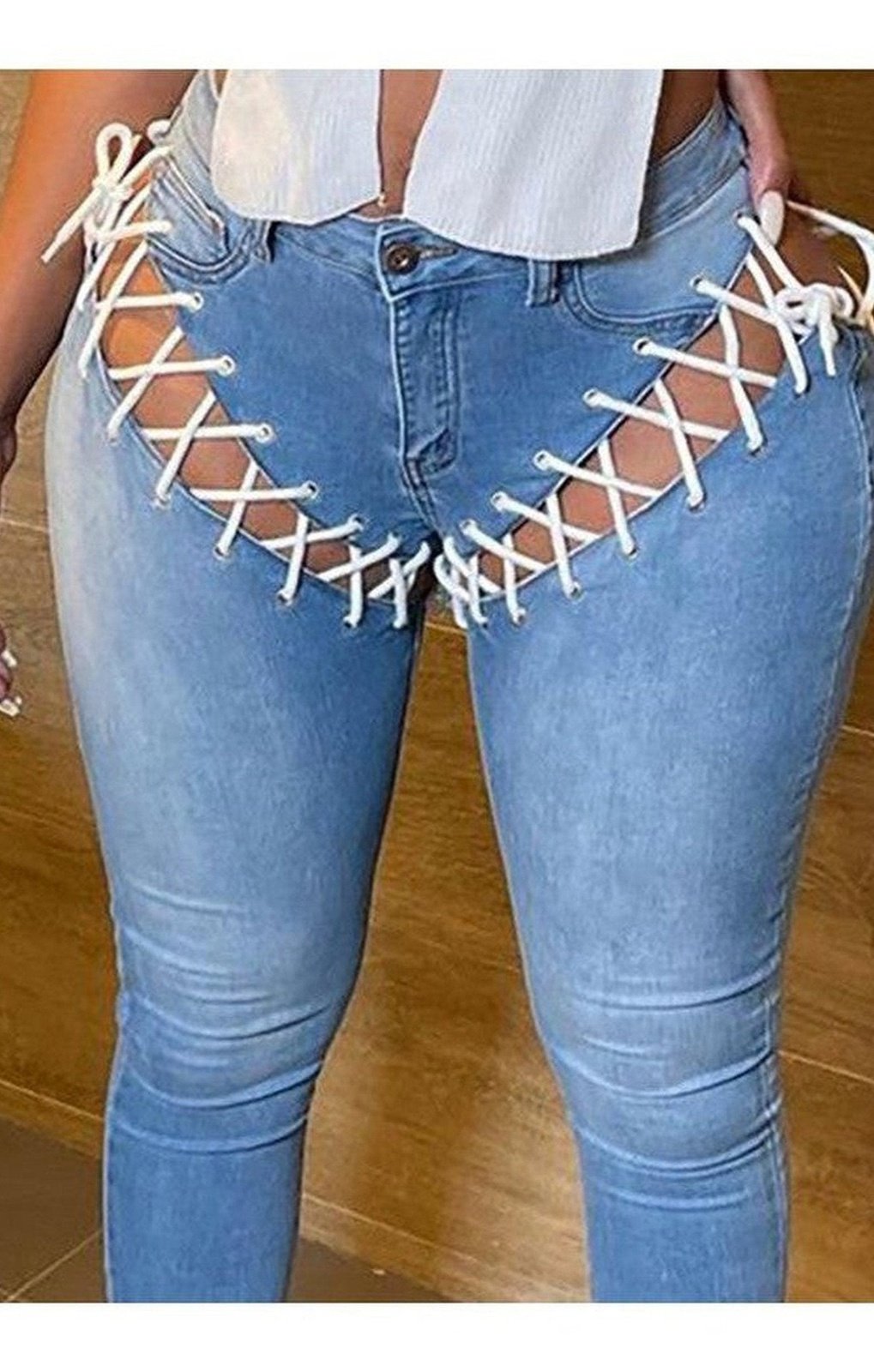 Eyelet Lace-Up High Waist Pocket Design Jeans