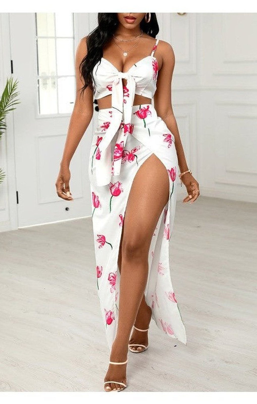 Floral Print Tie Front Crop Top & High Slit Maxi Skirt Set