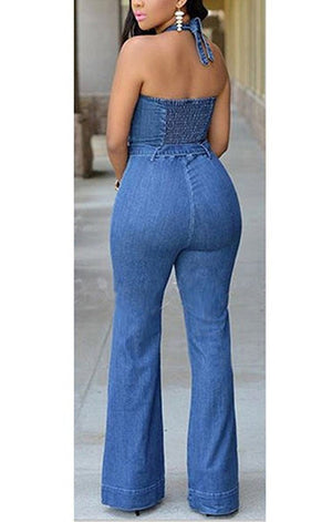 (Not Available) Blue Jean Jumpsuit - Halter Style / Elastic Back