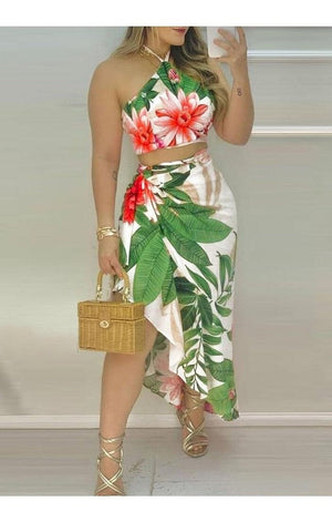 Tropical Print Tied Detail Crop Top & Skirt Set