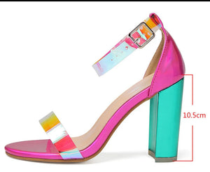 Ankle Strap Colorful Clear Strap Chunky Heels