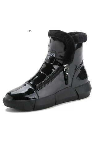Black Plush Warm Patent Ankle Faux Fur Boots Shoes with logo