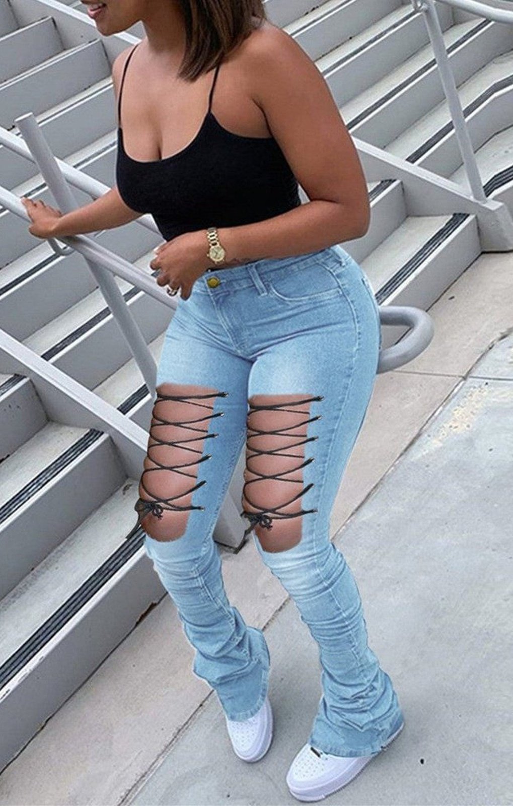 Sky Blue Fashion Sexy Solid Strap Design High Waist Jeans bottoms