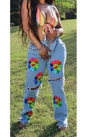 Distressed Denim Jeans Multicolored  Smily face