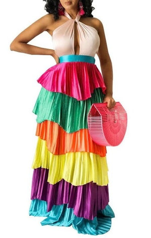 Multicolored Rainbow Halter  Maxi Dress