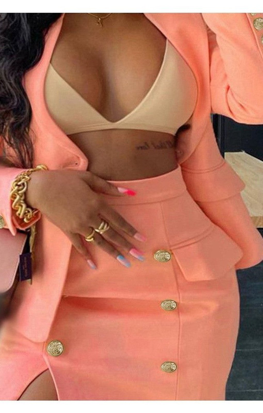 Lapel Collar Flap Detail Blazer & Double Breasted Split Skirt Set