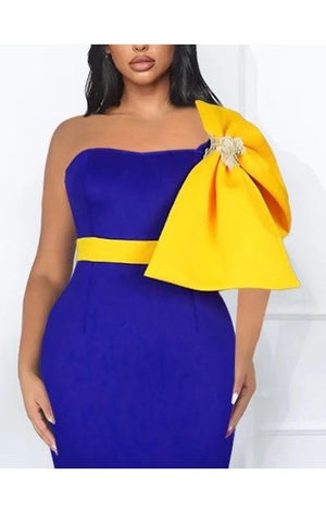 Royal Blue Strapless Yellow Bow Dress (Many Sizes) Plus Sizes Available